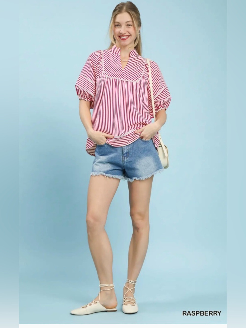 Umgee Striped Puff Sleeve Babydoll Top🛍️
